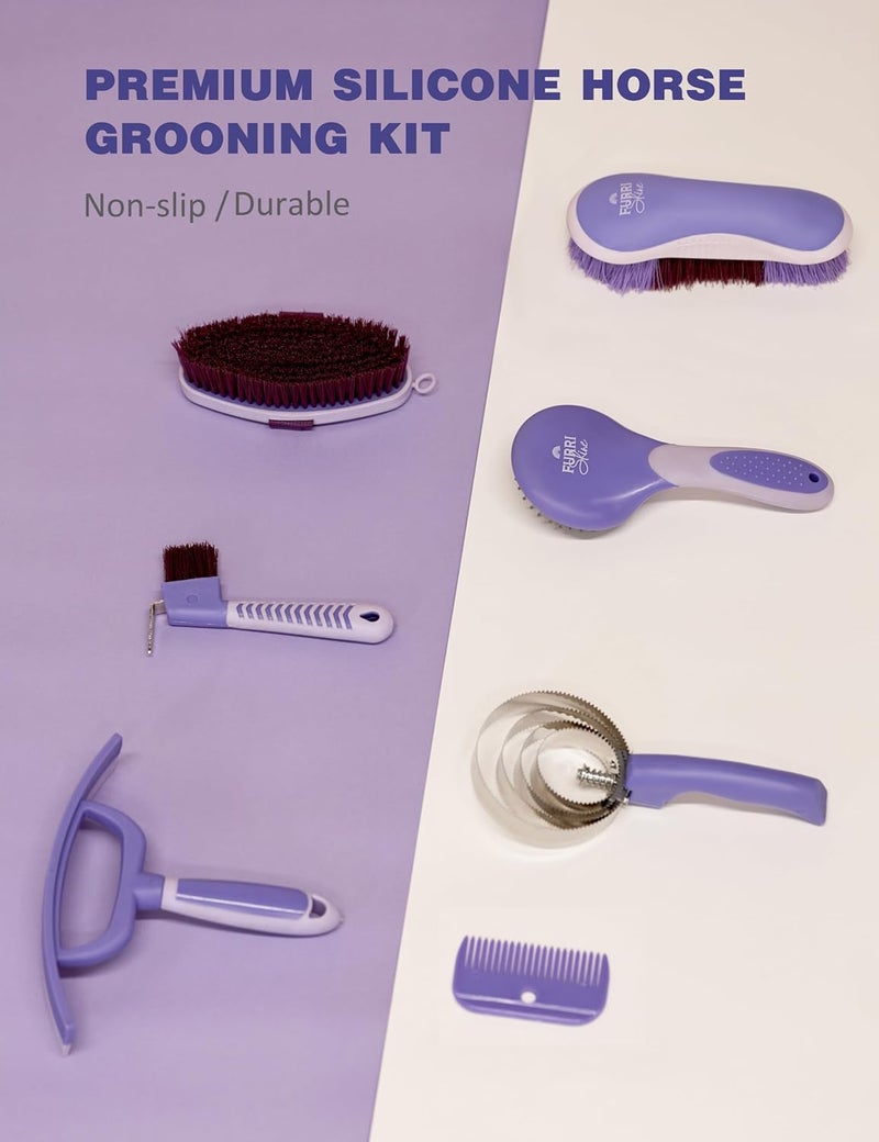 Furrishine 9PCS Horse Grooming Kit Curry Comb Sweat Scraper Horse Bathing Supplies Grooming Tools with Storage Bag Sugar Taro - Image 3
